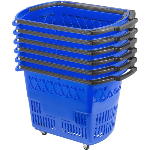 VEVOR 6PCS Shopping Carts, Blue Shopping Baskets with Handles, Plastic Rolling Shopping Basket with Wheels, Portable Shopping B