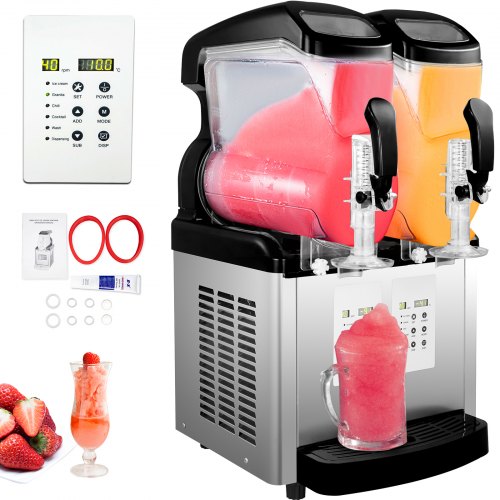 VEVOR 110V 2 in 1 Commercial Slushy Machine 2x6L Temperature -10℃ to 5℃ Soft Ice Cream Maker 1300W LED Display Automatic Clean 