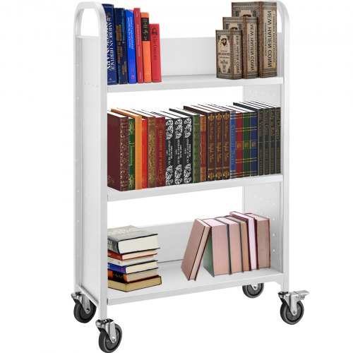 VEVOR Book Cart, 200lbs Library Cart, 30x14x49 Inch Rolling Book Cart Single Sided L-Shaped Flat Shelves with 4 Inch Lockable W