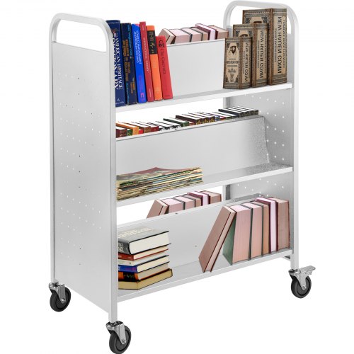 VEVOR Book Cart, 200lbs Library Cart, 35x19x49 Inch Rolling Book Cart Double Sided W-Shaped Sloped Shelves with 4-Inch Lockable
