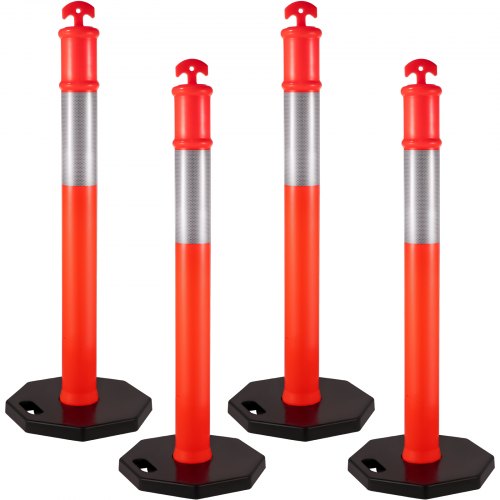VEVOR 4Pack Traffic Delineator Posts 44 Inch Height, PE Delineator Post Kit 10 inch Reflective Band, Orange Delineator Cones wi