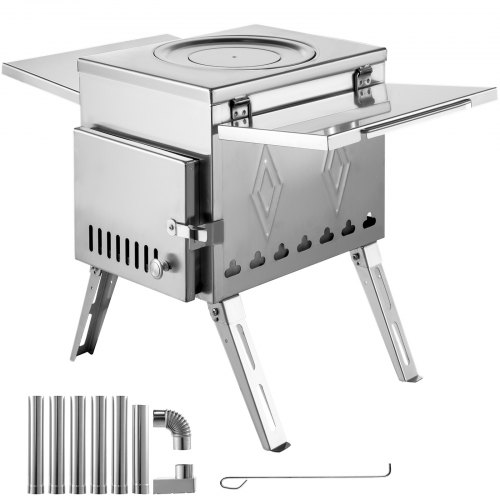 VEVOR Tent Wood Stove 17.5x14.7x10.6 inch, Camping Wood Stove 304 Stainless Steel With Folding Pipe, Portable Wood Stove 95.7 i