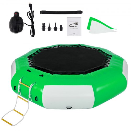 VEVOR Inflatable Water Trampoline 10FT , Round Inflatable Water Bouncer with 4-Step Ladder, Water Trampoline in Green and White