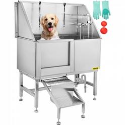 VEVOR 50 Inch Dog Grooming Tub, Professional Stainless Steel Pet Dog Bath Tub, with Steps Faucet & Accessories Dog Washing Stat