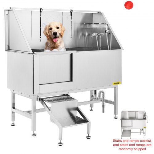 VEVOR 62 inch Professional Dog Grooming Tub Stainless Steel Pet Bathing Tub Large Dog Wash Tub with Faucet Walk-in Ramp Accesso
