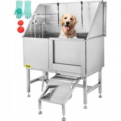 VEVOR 50 Inch Dog Grooming Tub Professional Stainless Steel Pet Dog Bath Tub with Steps Faucet & Accessories Dog Washing Statio
