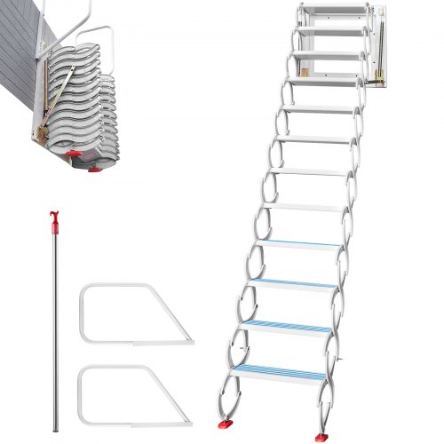 VEVOR Attic Steps Pull Down 12 Steps Attic Stairs Alloy Attic Access Ladder, White Pulldown Attic Stairs, Wall-mounted Folding 