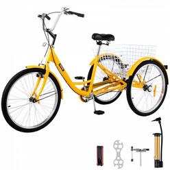 VEVOR Yellow Adult Tricycle 24'' 1-Speed 3 Wheel Bikes, Foldable Adult Tricycle 3 Wheel Bike Trike for Adults, Cruise Bike 24 I