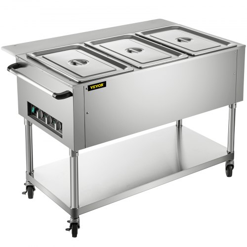 VEVOR Commercial Electric Food Warmer, 3-Pot Steam Table Food Warmer 0-100℃ w/ 2 Lockable Wheels, Professional Stainless Steel 