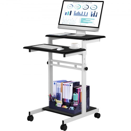VEVOR Mobile Standing Desk, Rolling Laptop Desk w/ Three Shelves, 34-47in Adjustable Height with Four 360° Rotation Wheels for 