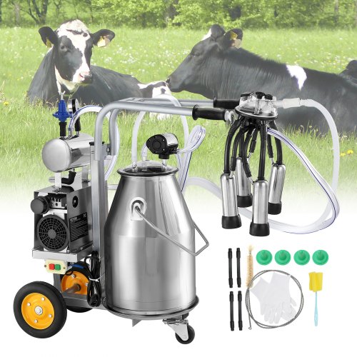 VEVOR Electric Cow Milking Machine, 6.6 Gal / 25 L 304 Stainless Steel Bucket, Automatic Pulsation Vacuum Milker, Portable Milk