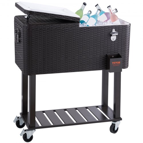 VEVOR Rolling Ice Chest Cooler Cart 80 Quart, Portable Bar Drink Cooler, Beverage Bar Stand Up Cooler with Wheels, Bottle Opene