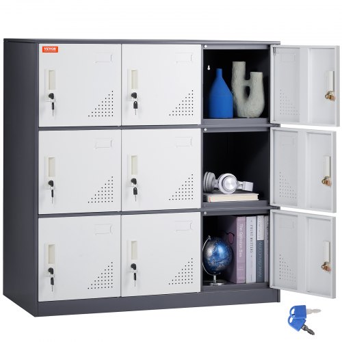 VEVOR Metal Locker for Employees, 9 Doors Storage Cabinet with Card Slot, Gray Steel Employee Lockers with Keys, 66lbs Loading 