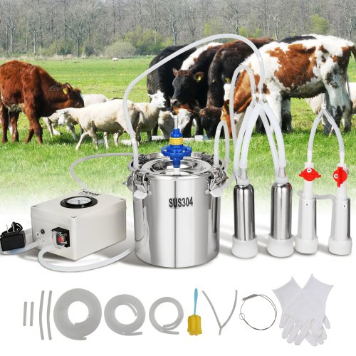 VEVOR Goat Milking Machine, 6 L 304 Stainless Steel Bucket, Electric Automatic Pulsation Vacuum Milker, Portable Milker with Fo