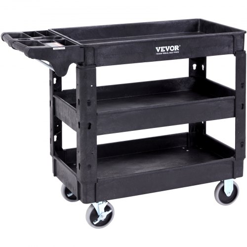 VEVOR Utility Service Cart, 3 Shelf 550LBS Heavy Duty Plastic Rolling Utility Cart with 360° Swivel Wheels (2 with Brakes), Med