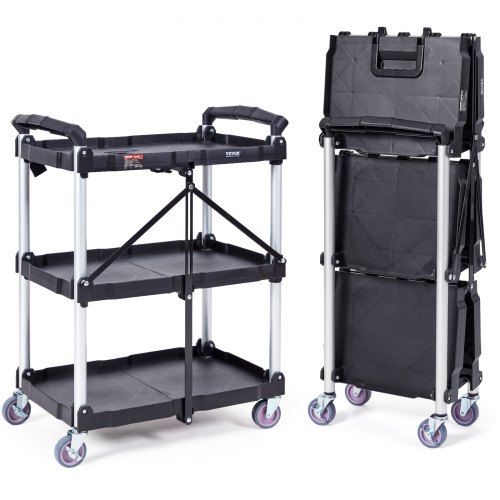 VEVOR Foldable Utility Service Cart, 3 Shelf 165LBS Heavy Duty Plastic Rolling Cart with Lockable Wheels, Ergonomic Handle, Por