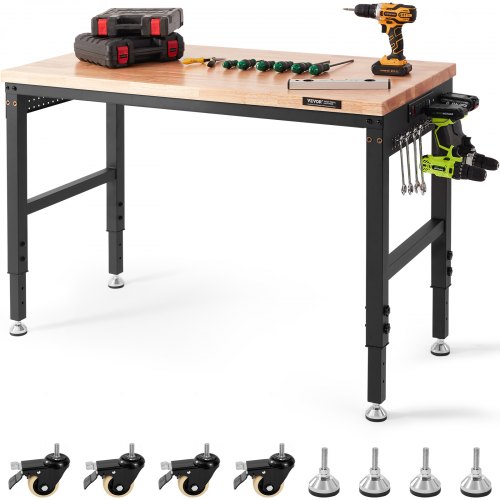 VEVOR Adjustable Workbench, 48" L X 24" W Garage Worktable with Universal Wheels, 28-39.5" Heights & 2000 LBS Load Capacity, wi