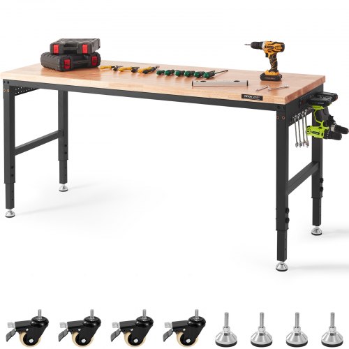 VEVOR Adjustable Workbench, 72" L X 25" W Garage Worktable with Universal Wheels, 28-39.5" Heights & 3000 LBS Load Capacity, wi