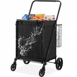 VEVOR Folding Shopping Cart with Removable Waterproof Liner, 330LBS Large Capacity Jumbo Grocery Cart with Dual Basket, 360° Sw