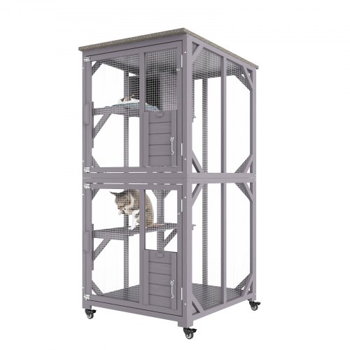 VEVOR Cat House Outdoor, 3-Tier Large Catio, Cat Enclosure with 360° Rotating Casters, 2 Platforms, A Resting Box and Large Fro