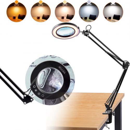 VEVOR YGFDDWDZBCMAJ30LAV9 Magnifying Glass with Light & Stand&#44; 5X Magnifying Lamp&#44; 4.3 in. Glass Lens&#44; Desk Magnifier with