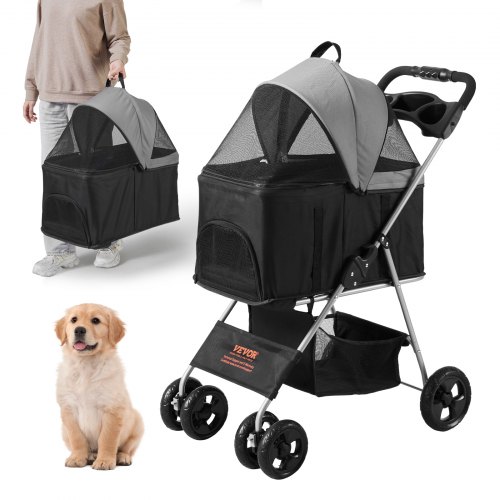 VEVOR Pet Stroller, 4 Wheels Dog Stroller Rotate with Brakes, 35lbs Weight Capacity, Puppy Stroller with Detachable Carrier, St