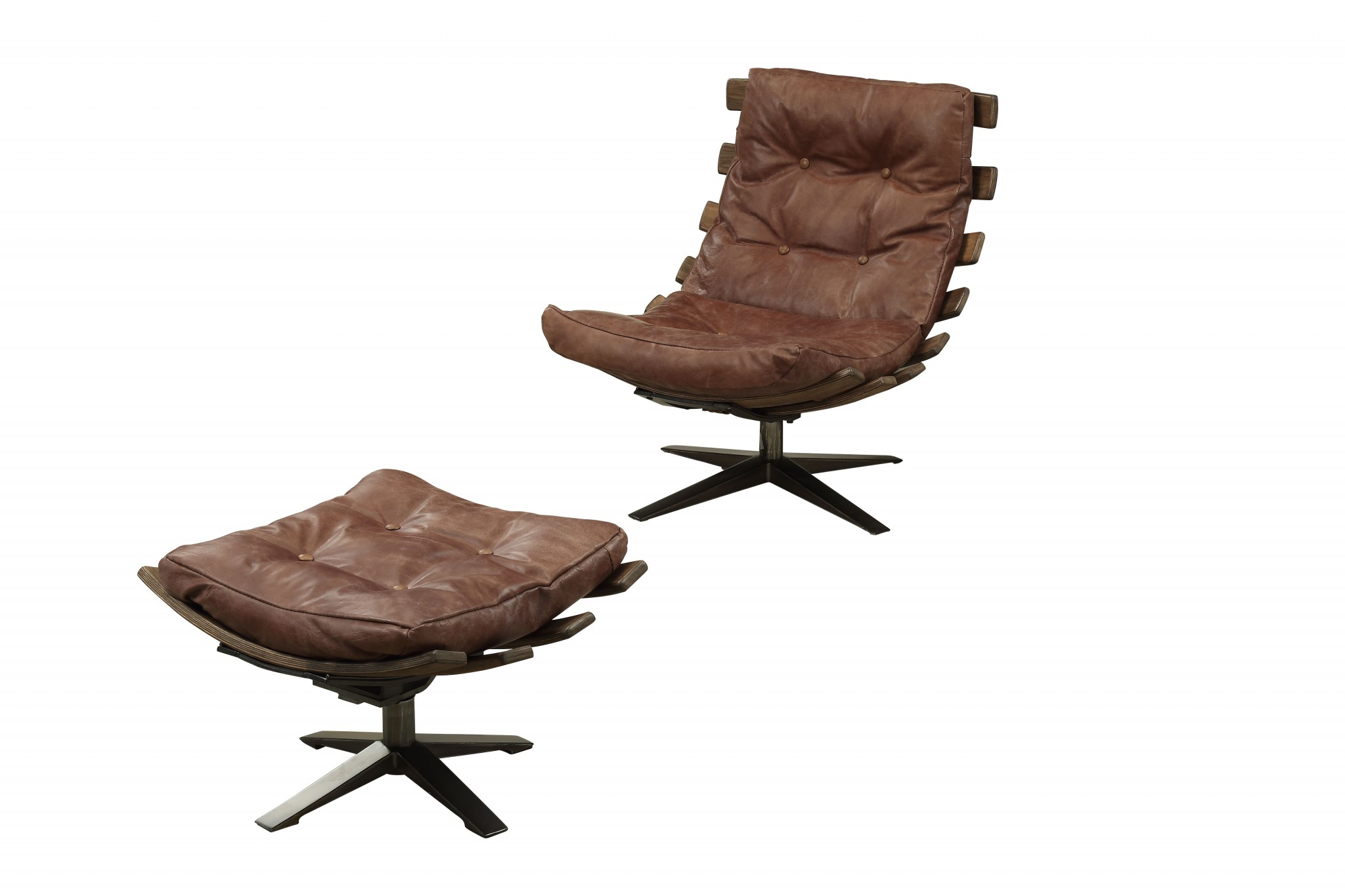 HomeRoots Furniture 27" X 35" X 33" 2Pc Retro Brown Top Grain Leather Chair And Ottoman