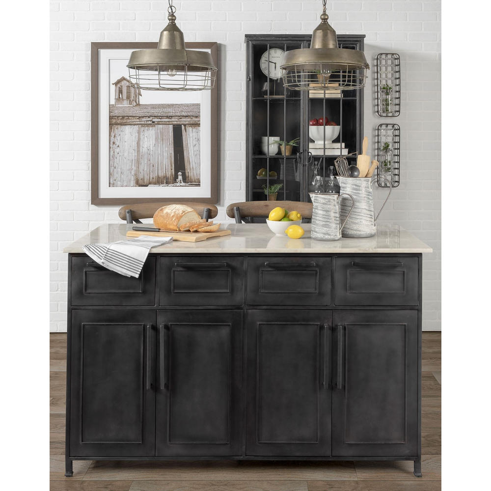 Homeroots Kitchen & Dining Solid Iron Black Body White Marble Top Kitchen Island With 4 Drawer