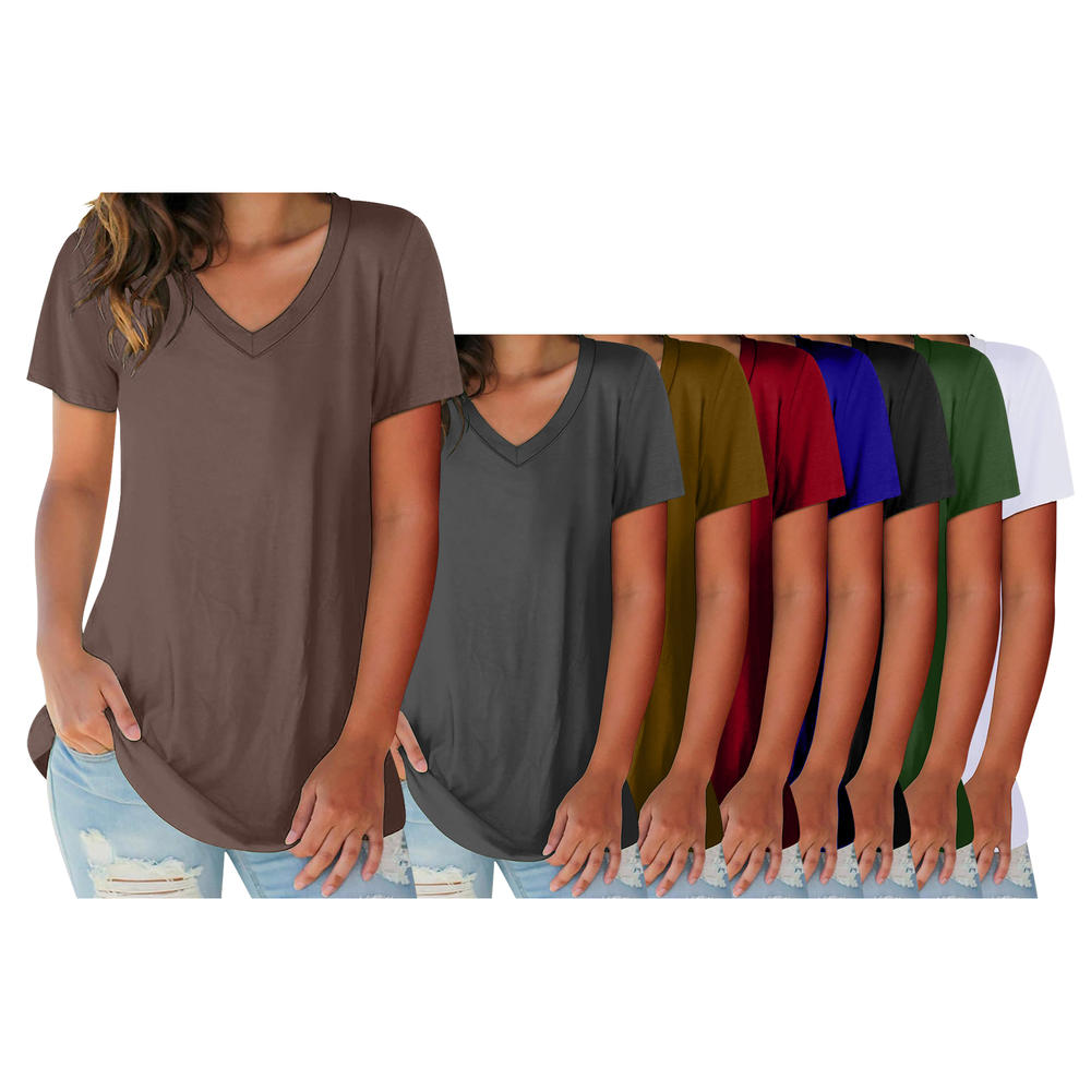 Bargain Honcho 5-Pack Women's Ultra-Soft Comfy Smooth Cotton Blend Basic V-Neck Short Sleeve Shirts