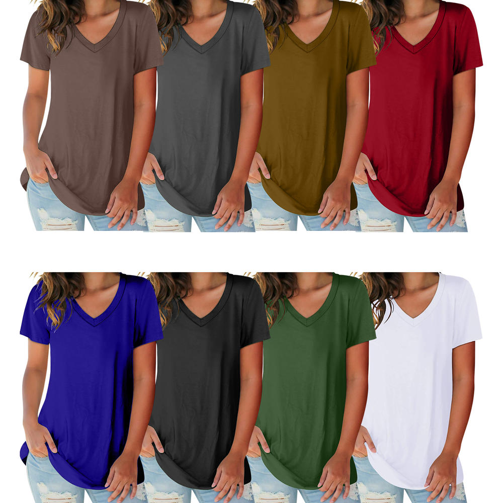 Bargain Honcho 5-Pack Women's Ultra-Soft Comfy Smooth Cotton Blend Basic V-Neck Short Sleeve Shirts