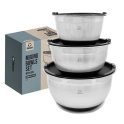 Chef Pomodoro Mixing Bowls with Lids, Stainless Steel Bowl Set, Non-Slip Silicone Base, Mixing Bowl Set - 3 Piece (Black)