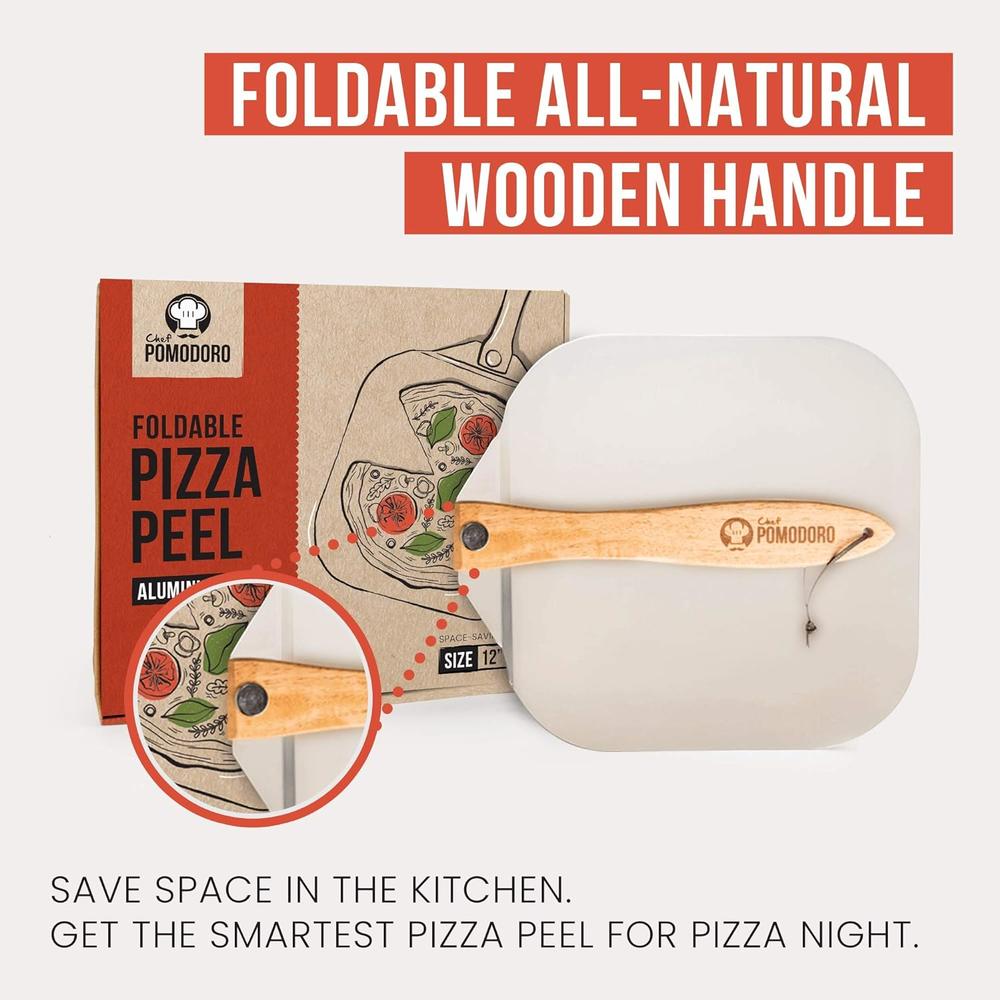 Chef Pomodoro Aluminum Metal Pizza Peel With Foldable Wood Handle For Easy Storage 12 X 14-inch