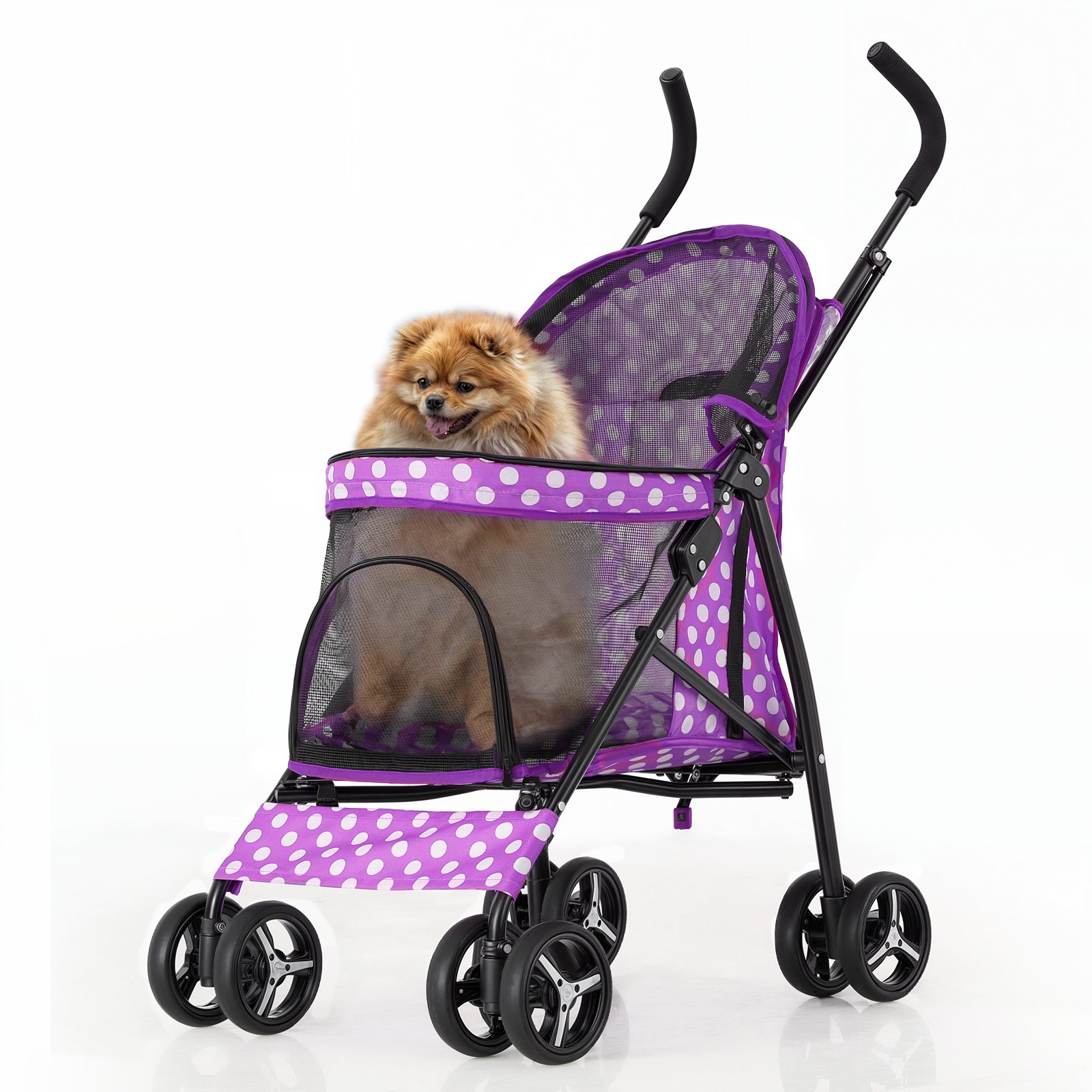 MoNiBloom 4 Wheel Foldable Lightweight Pet Stroller Trolley for Cats & Dogs, Purple with White Polka Dots