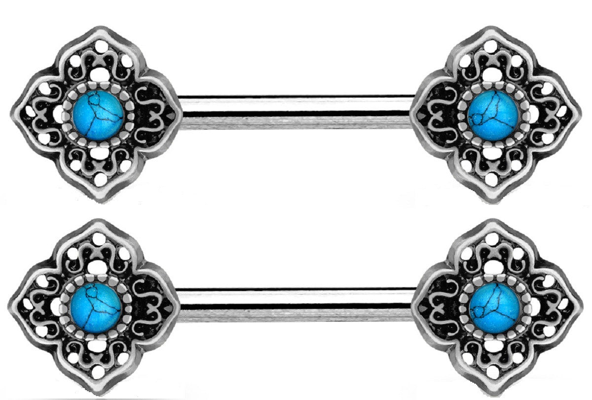 Body Accentz Nipple Bar Turquoise Centered Tribal Flower Ends 316L Surgical Steel Shield Pair