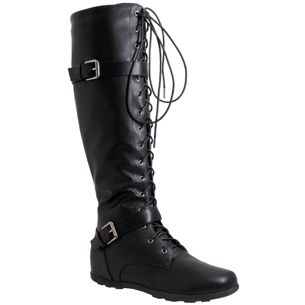 Generation Y Womens Lace Up Knee High Faux Suede Combat Boots