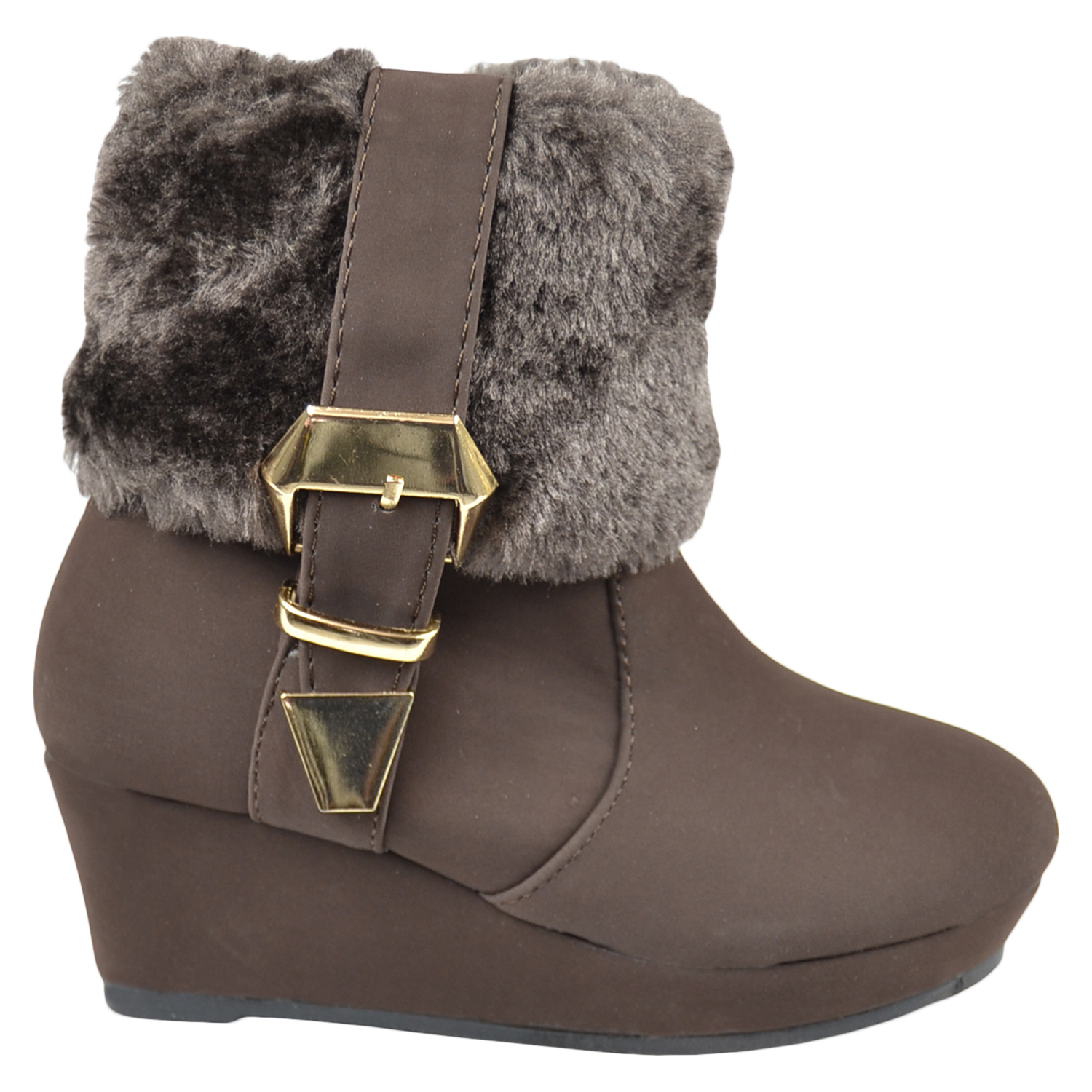 Generation Y Girl's Ankle Boots Fur Cuff Gold Buckle Accent Wedge Heel Booties