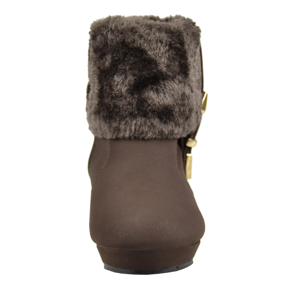 Generation Y Girl's Ankle Boots Fur Cuff Gold Buckle Accent Wedge Heel Booties