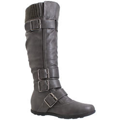 Generation Y Womens Suede Strappy Buckle Knit Knee High Boots