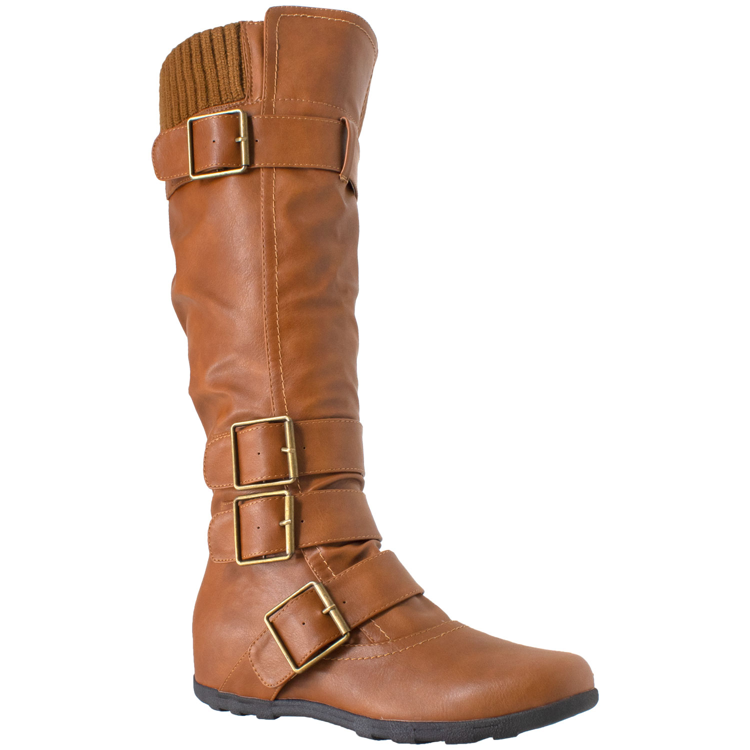Generation Y Womens Suede Strappy Buckle Knit Knee High Boots