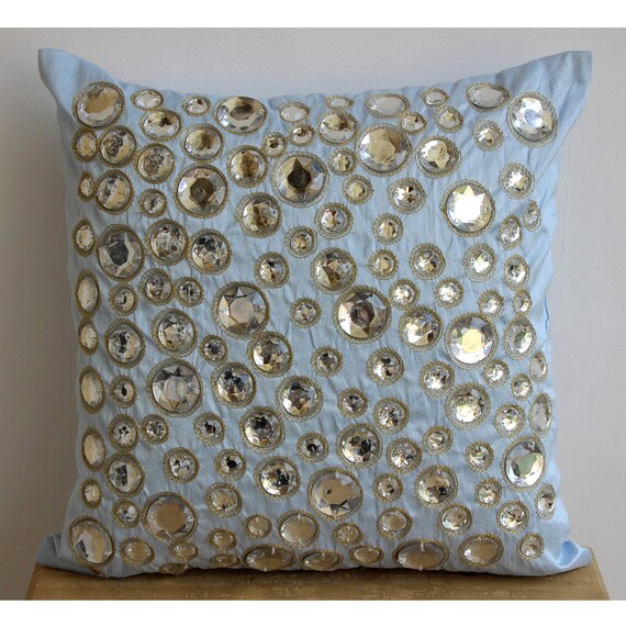 The Homecentric Light Blue Decorative Pillow Cover Art Silk 14 X14 Diamante Crystals Polka Dots Pillows Sky Diamonds Home Bed Bath Bedding Shams Blue Decorative Pillow Cover, Light Blue Decorative Pillow Covers