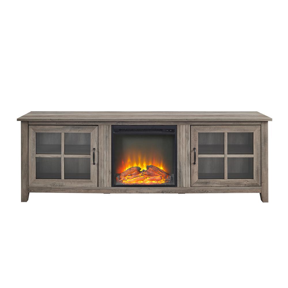 Walker Edison 70" Farmhouse Wood Fireplace TV Stand with Glass Doors - Grey Wash