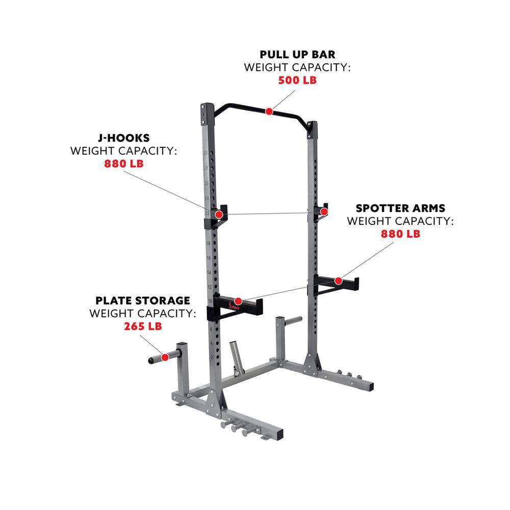 Sunny Health & Fitness Power and Squat Rack with High Weight Capacity, Olympic Weight Plate Storage and 360° Swivel Landmine and Power Band Attachment