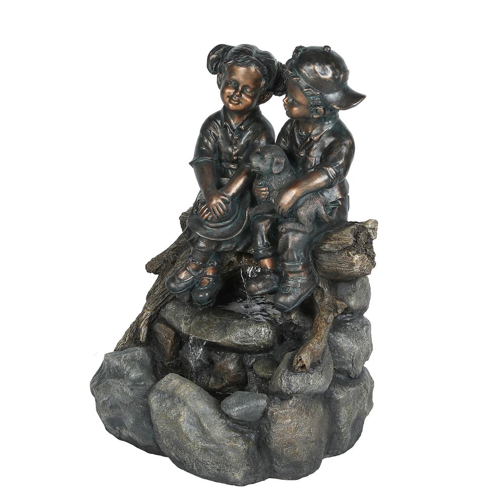 Luxen Home Resin Bronze Children and Dog Outdoor Fountain with LED Light