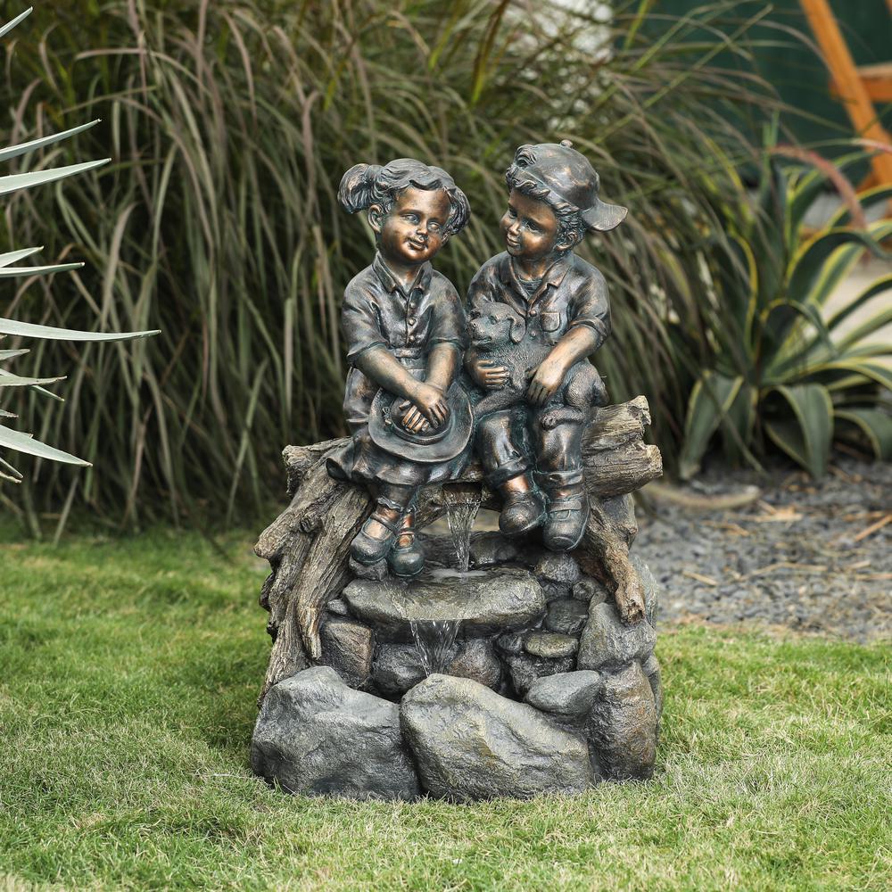Luxen Home Resin Bronze Children and Dog Outdoor Fountain with LED Light