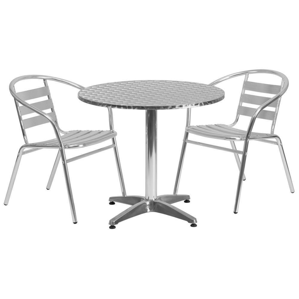 Flash Furniture 31.5'' Round Aluminum Indoor-Outdoor Table Set with 2 Slat Back Chairs
