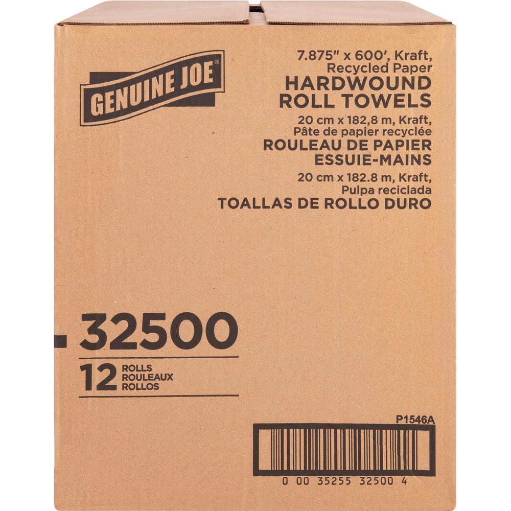 Genuine Joe Embossed Hardwound Roll Towels - 7.88" x 600 ft - Brown - Absorbent - For Restroom - 12 / Carton