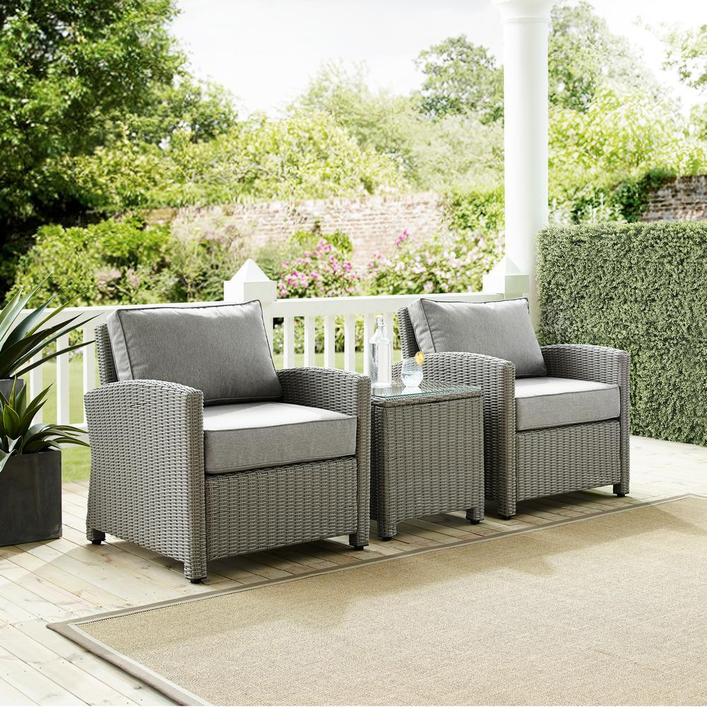 Crosley Brands Bradenton 3Pc Outdoor Wicker Conversation Set Gray/Gray - 2 Arm Chairs, Side Table