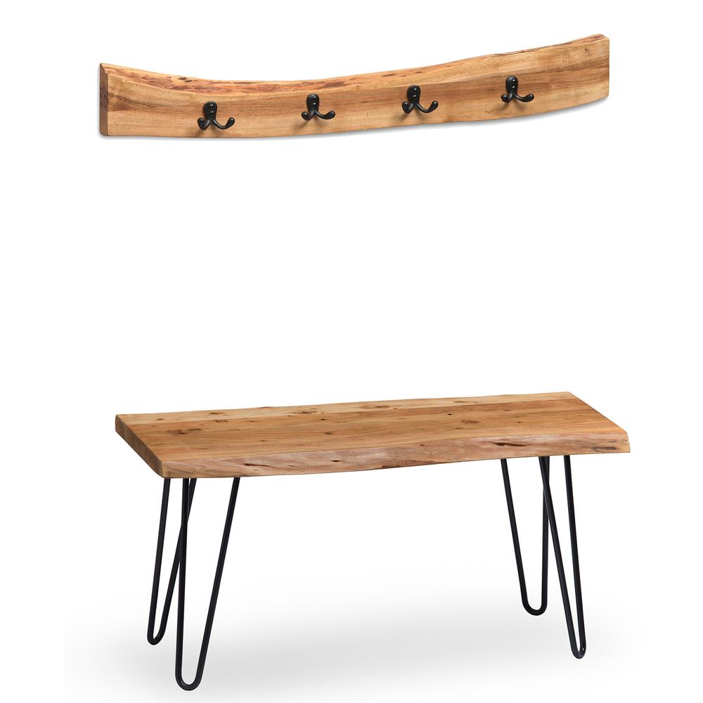 Bolton Furniture Hairpin Natural Live Edge 36" Bench with Coat Hook Set