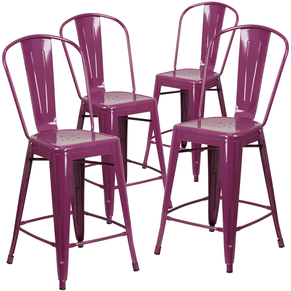 Flash Furniture 4 Pk. 24'' High Purple Metal Indoor-Outdoor Counter Height Stool with Back