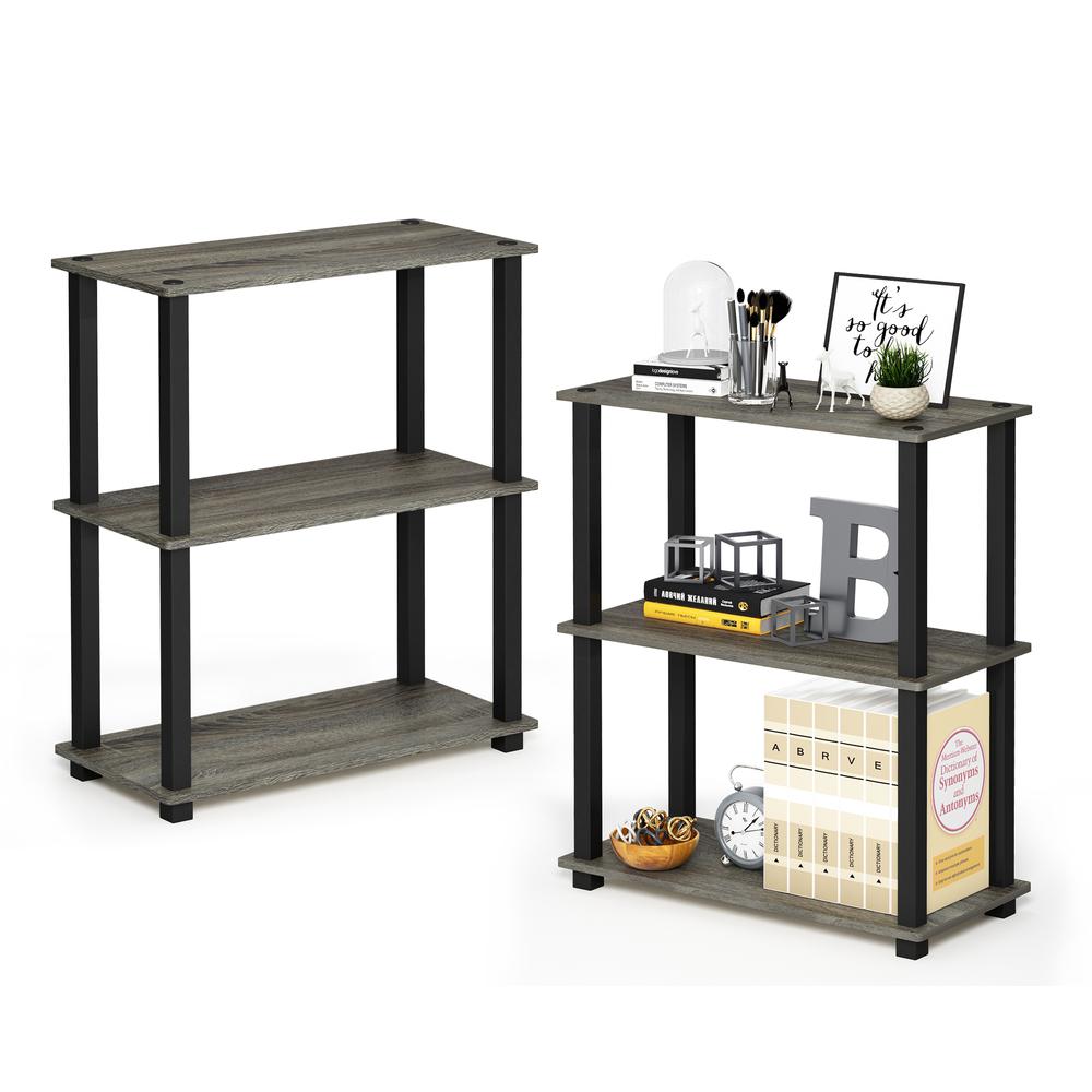 Furinno Turn-S-Tube 3-Tier Compact Multipurpose Shelf Display Rack with Square Tube, French Oak Grey/Black, Set of 2